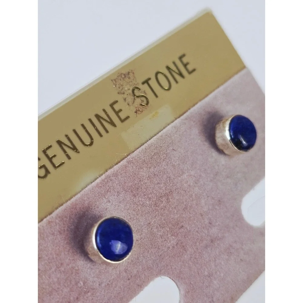 925 Sterling Silver Genuine Lapis Lazuli Round Cabochon Stud Earrings